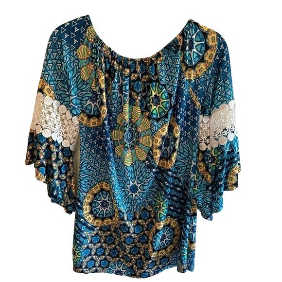 Win-Win Colorful 3/4 Sleeve Bell Sleeve Crew Neck Blouse Size S-M - Picture 2 of 6